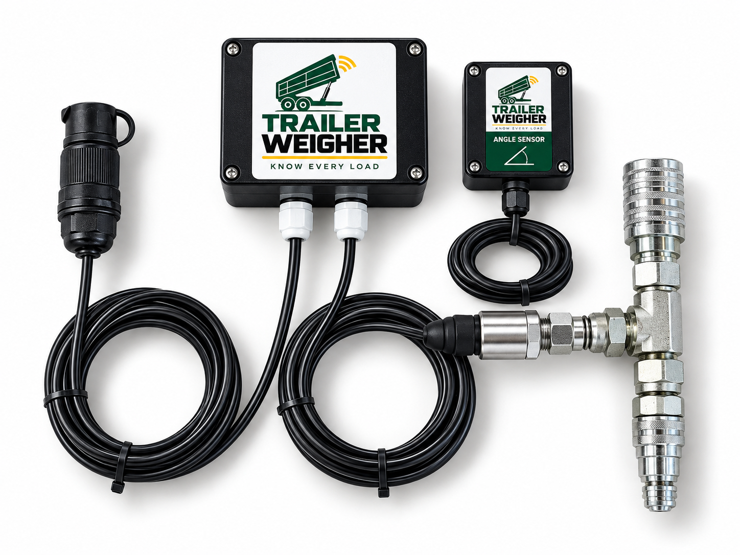 Trailer Weigher Main Box, Angle Sensor, Pressure Sensor assembly and hydraulic fittings with the current Trailer Weigher branding labels.